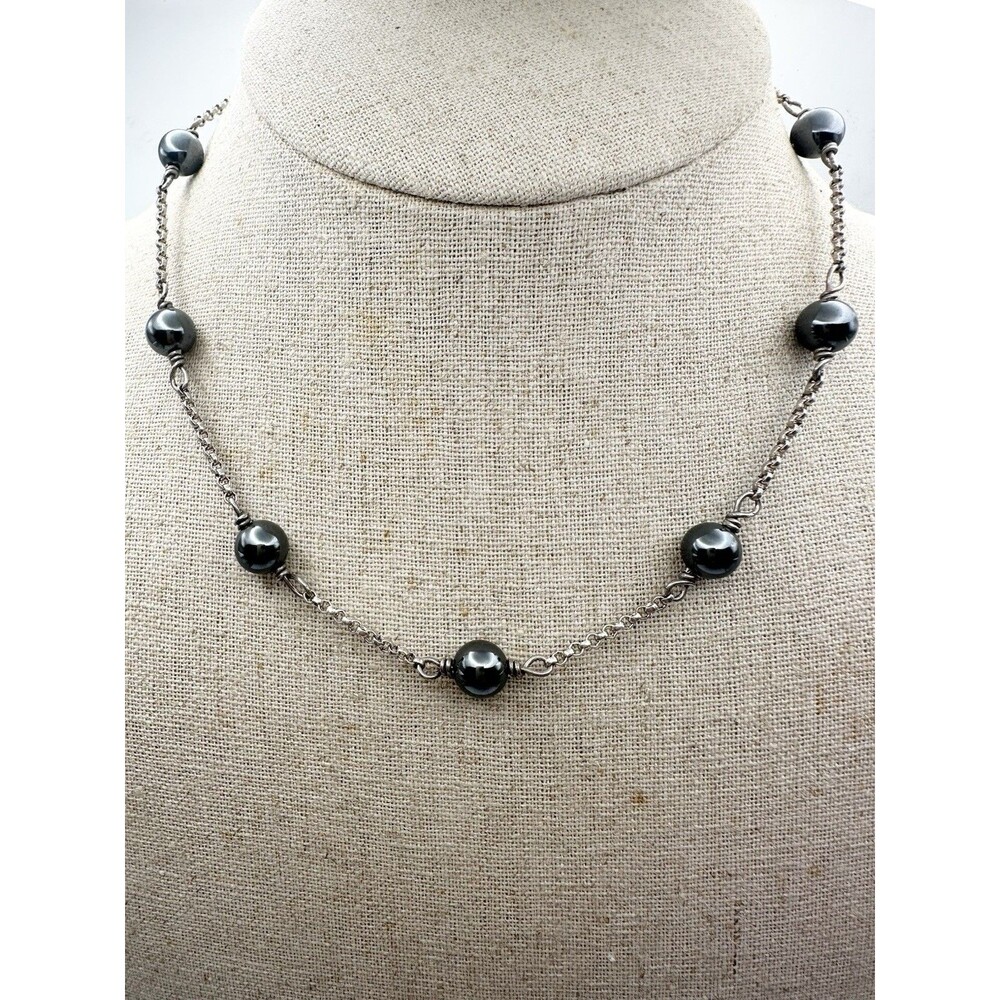 925 Sterling Silver Hematite Station Necklace 14.5”